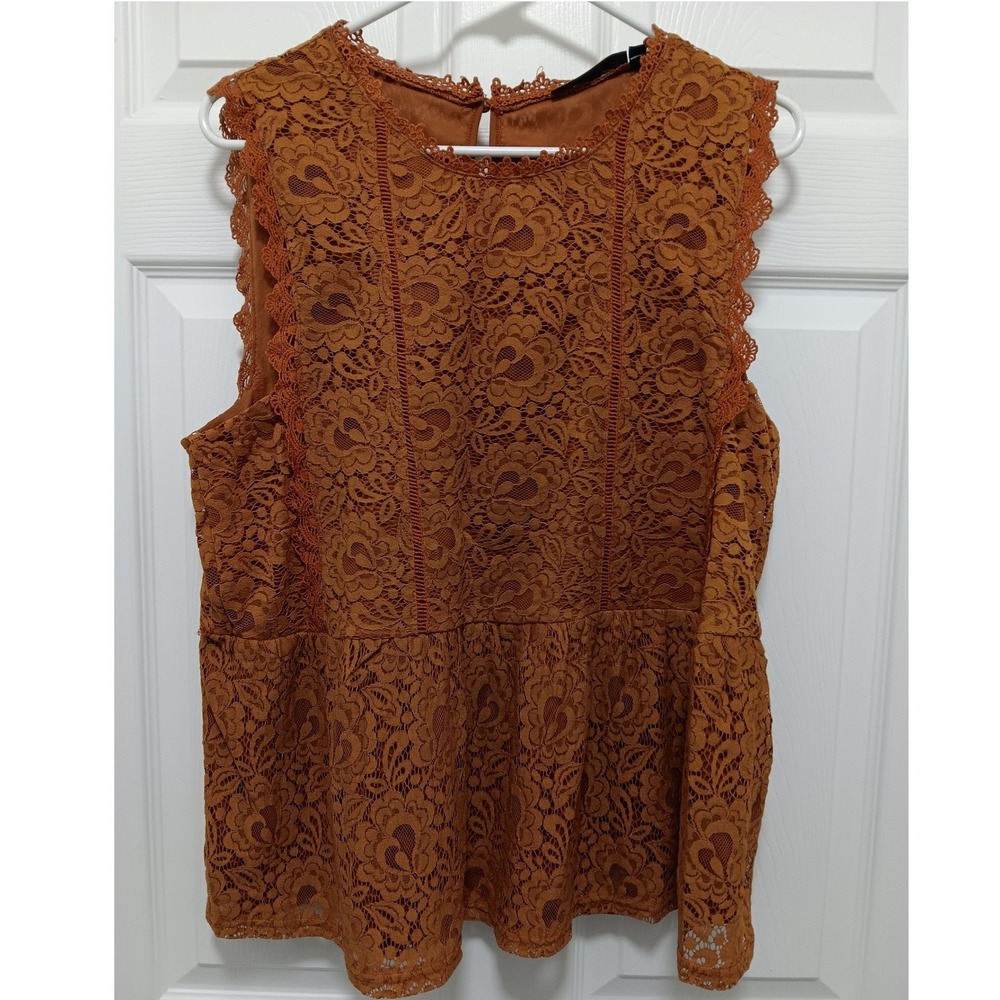 Andree by UNIT Burnt Orange Floral Lace Peplum Sleeveless Top XL‎ 12498 NWT